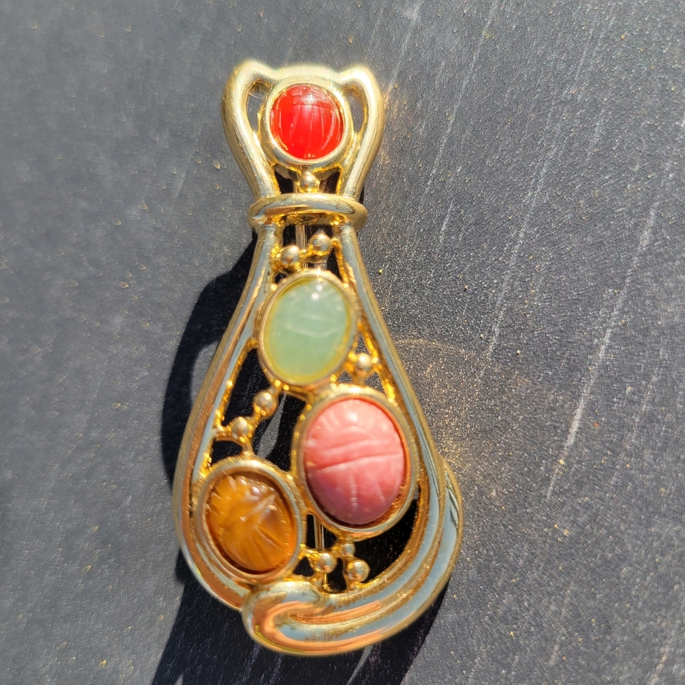 Cat Brooch w/ Scarab Accents ~ Gold-tone Metal ~ Colorful! 1990s(?) ~ Cute!